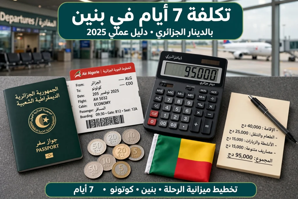 تكلفة 7 أيام في بنين بالدينار - حاسبة تظهر 95,000 دينار جزائري مع جواز جزائري وتذكرة Air Algerie إلى كوتونو